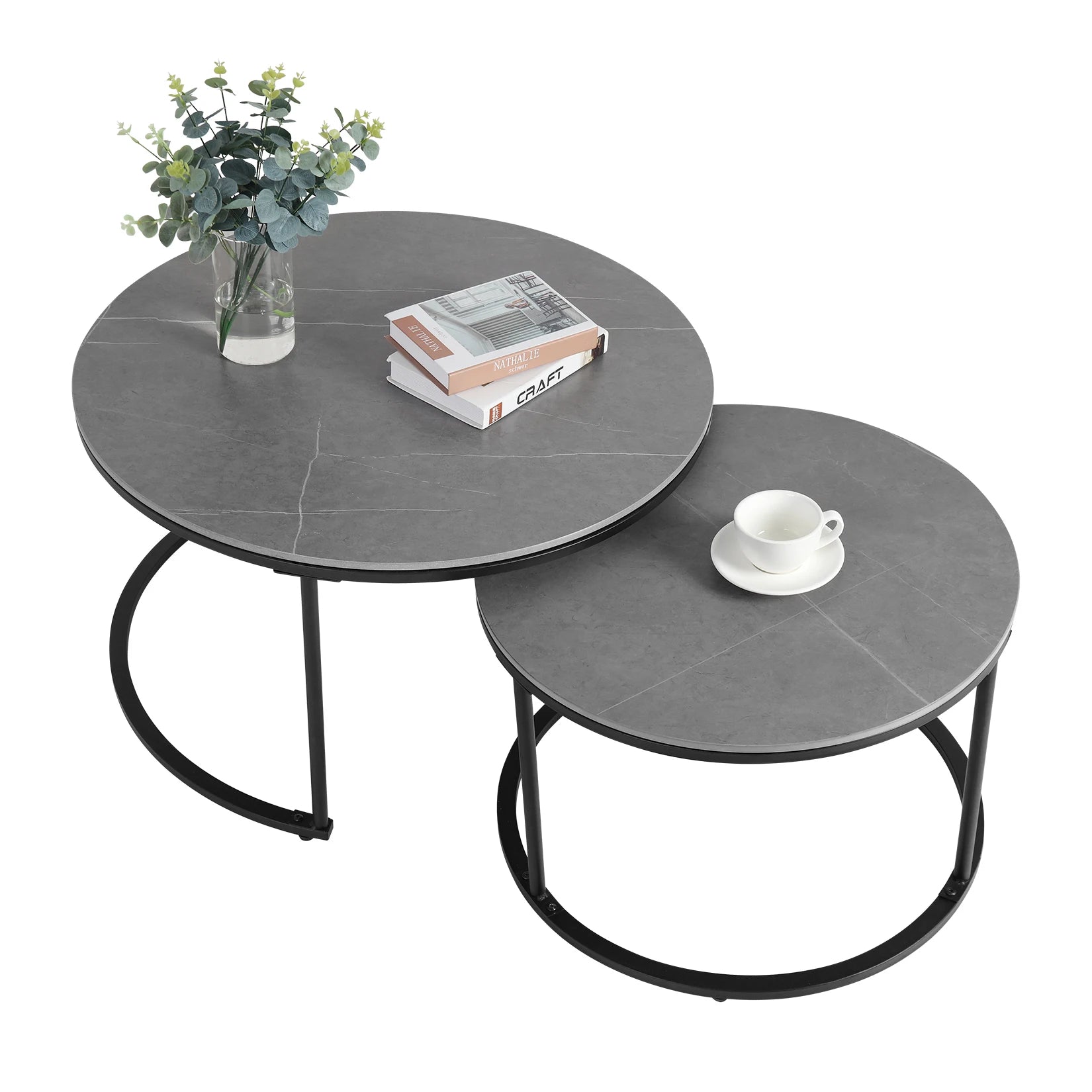 Set of 2 Real Marble Round Nesting Coffee Table Grey Side End Table Accent Table Metal Legs Waterproof