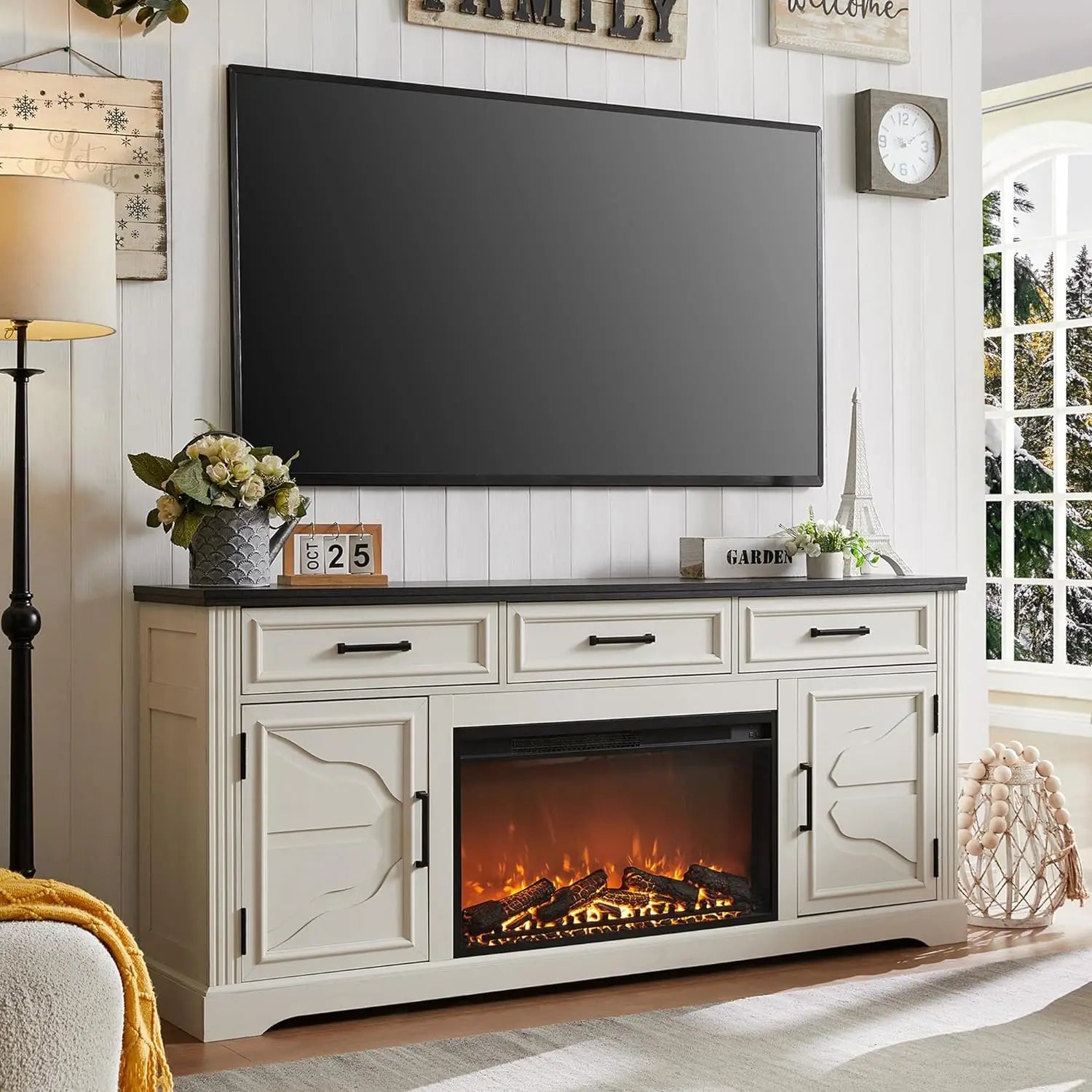 Farmhouse Fireplace TV Stand for Up to 80 Inch TV, Entertainment Center with 30" Electric Fireplace for 65 75 Inch TV, 70"