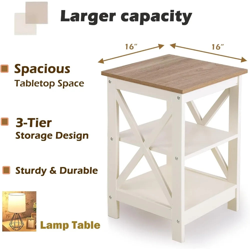 End Table Living Room Set of 2 - Farmhouse Bedside Table Nightstands for Bedroom, Ivory White Small Side Table