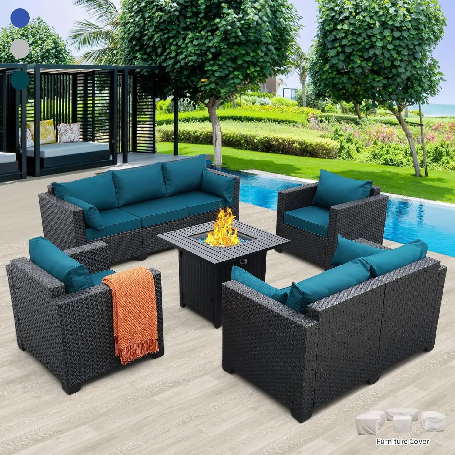 5-Piece Patio Furniture Set, Outdoor Couch, Chairs, Coffee Table, Peacock Blue, Anti-Slip Cushions, Waterproof Covers