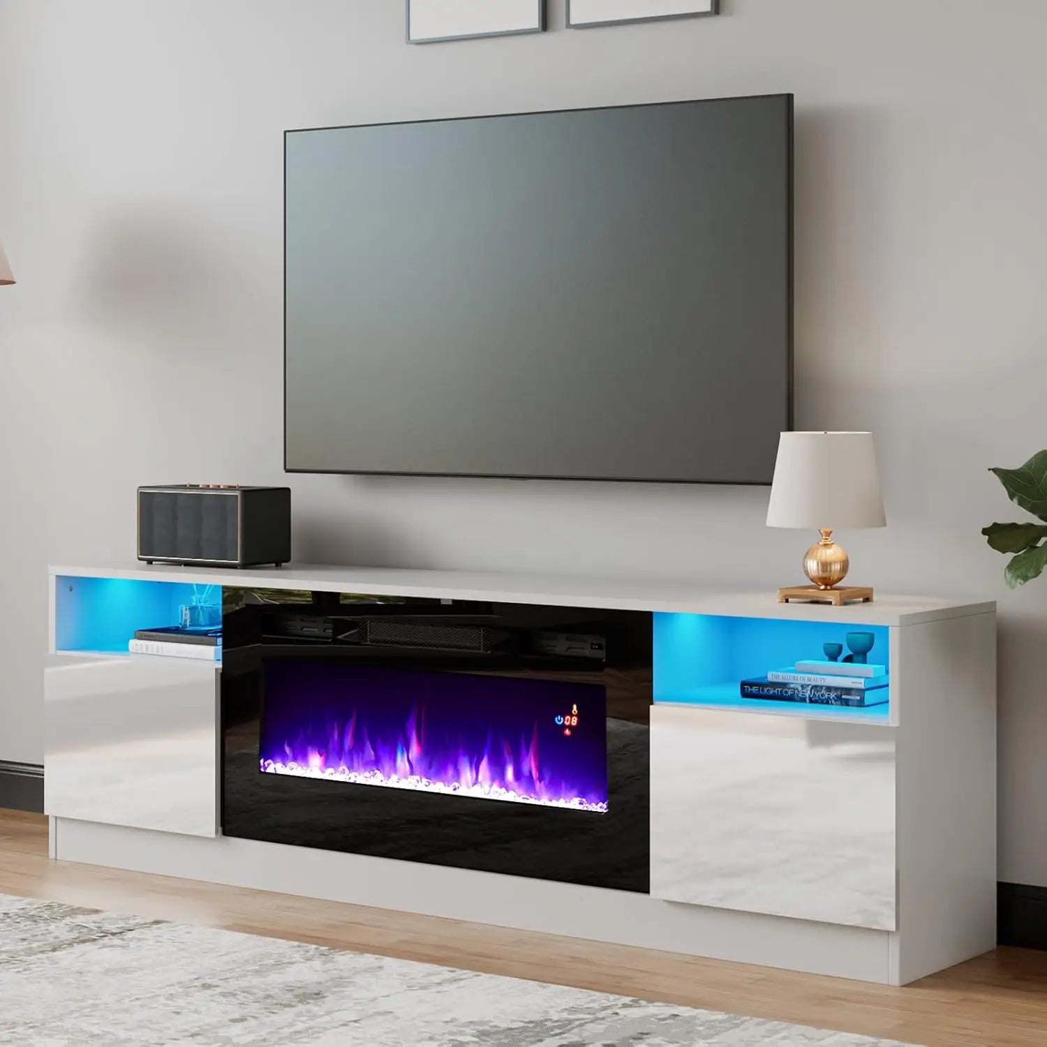 70" Fireplace TV Stand for TVs Up to 80" with 36Electric Fireplace, TV Console, LED Light Entertainment Center