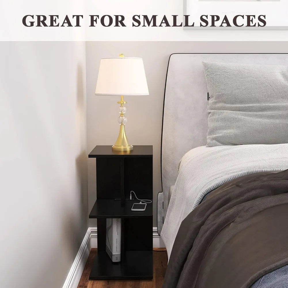 End Table with Charging Station, Narrow Side Tables for Small Spaces USB Ports and Outlets Rolling Bedside Nightstand