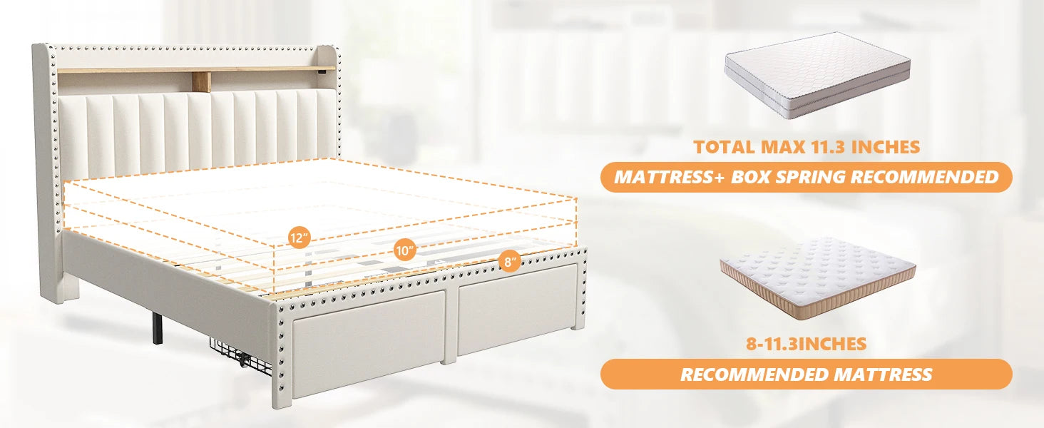 Bed Frame with Headboard and Storage, Upholstered Queen Bed Frame with Storage, Queen Size Bed Frame with 2 Drawers