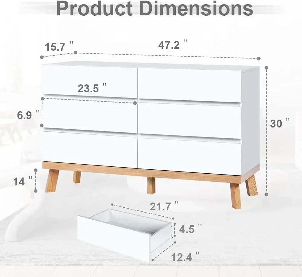 Dresser for Bedroom 6 Drawer Double Dresser Chest of Drawers Large Storage Cabinet Wooden Dresser for Bedroom (White)