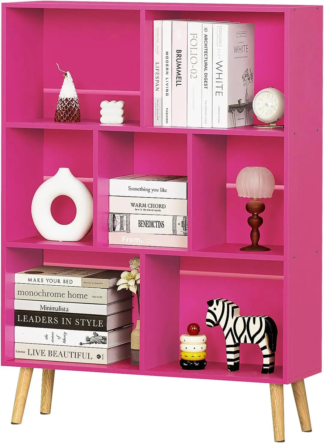Wooden 7 Cube Book Shelf, Natural 3 Tier Bookshelf with Legs, Modern Open Storage Organizer,Boho Bookcase,Display Cabinet Shelf