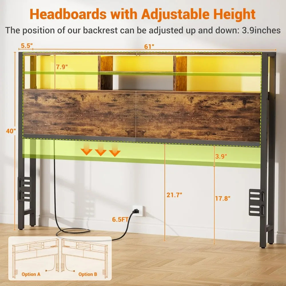 Headboard for Queen Size Bed with Storage, Headboards with Outlets, USB Ports and LED Light, Queen Head Board ,Height Adjustable