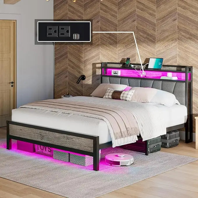 Queen Size Bed Frame with RGBW LED Lights & Charging Station, Upholstered Headboard with 2-Tier Storage, Stable Metal Platform