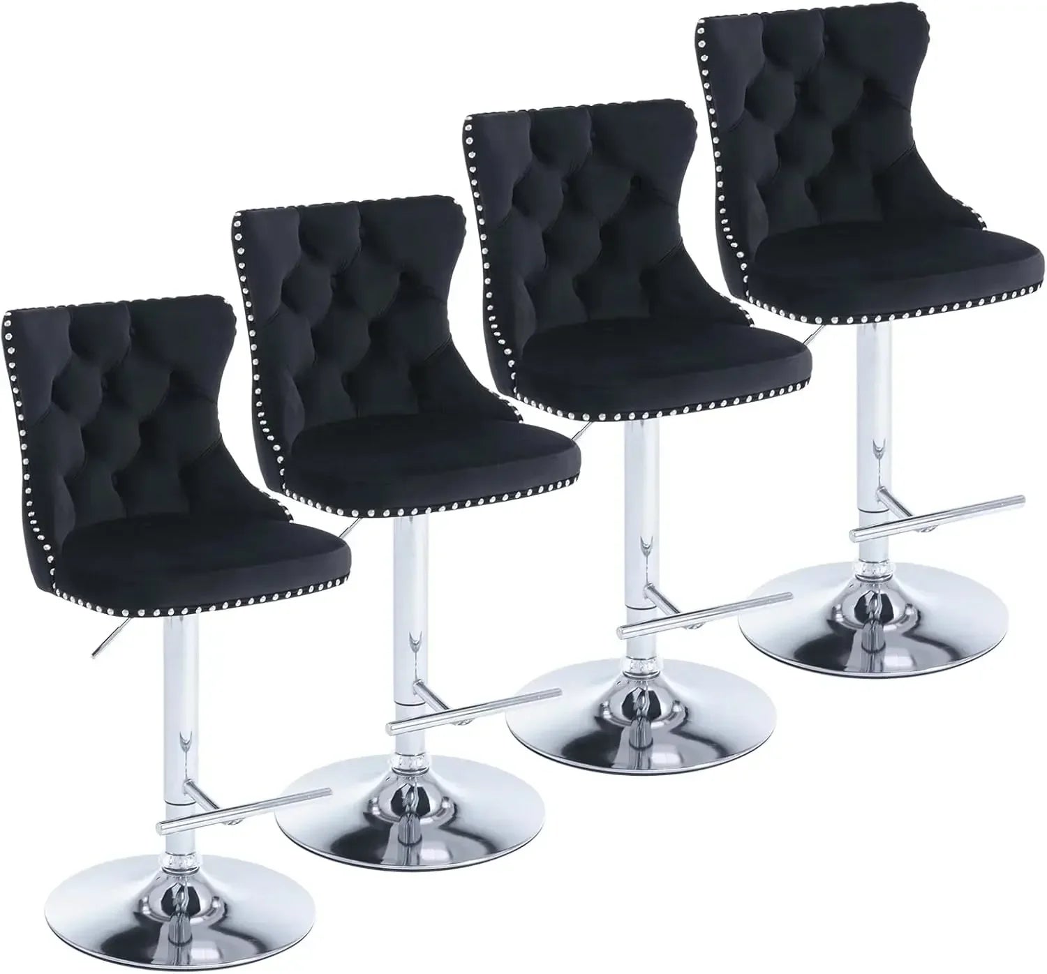 Velvet Counter Height Bar Stools Set of 4, Button Tufted Stools, Adjustable Swivel Bar Chairs with Upholstered Seat Back