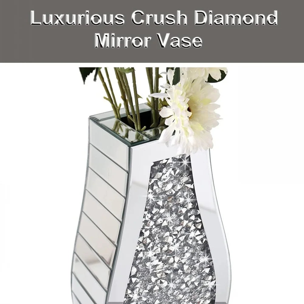 Luxury Crushed Diamond Mirrored Vase Decorative Arc-Shaped Crystal Glass Flower Holder Elegant Home Office Decor Gift