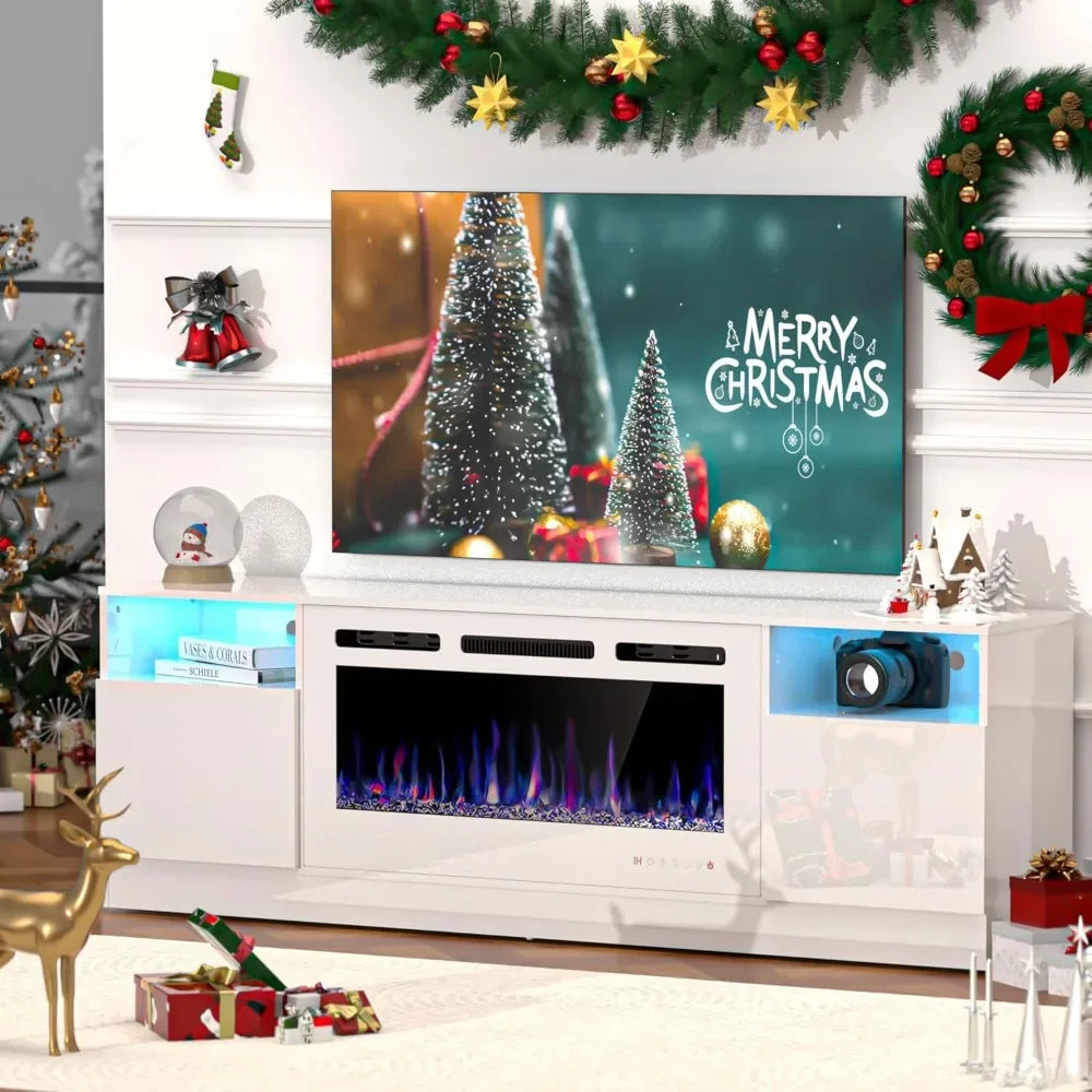 70" Fireplace TV Stand for TVs Up to 80" with 36Electric Fireplace, TV Console, LED Light Entertainment Center
