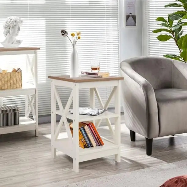 End Table Living Room Set of 2 - Farmhouse Bedside Table Nightstands for Bedroom, Ivory White Small Side Table