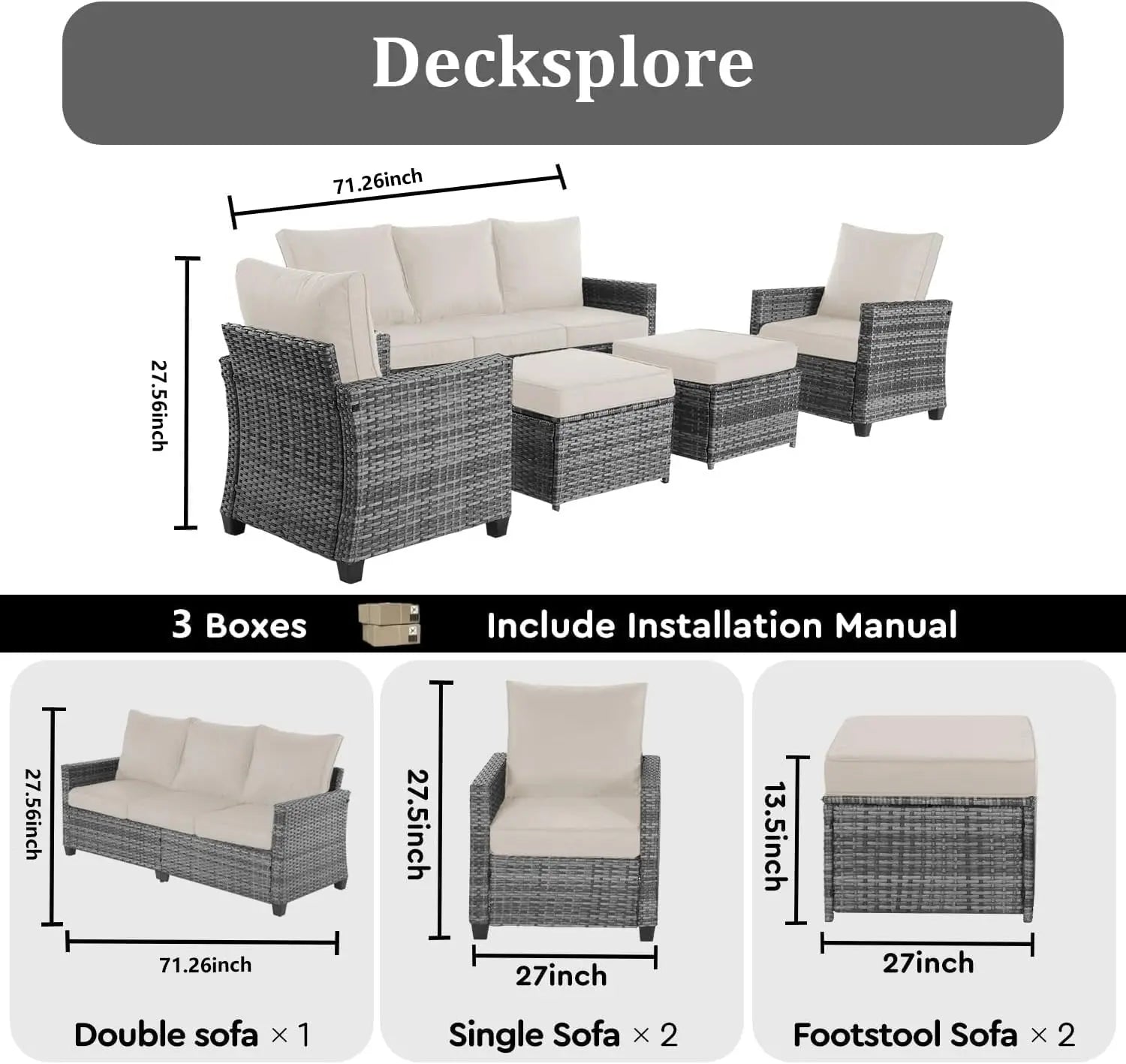 5 Piece Rattan Outdoor Patio Furniture Set, Weather-Resistant Outdoor Conversation Furniture
