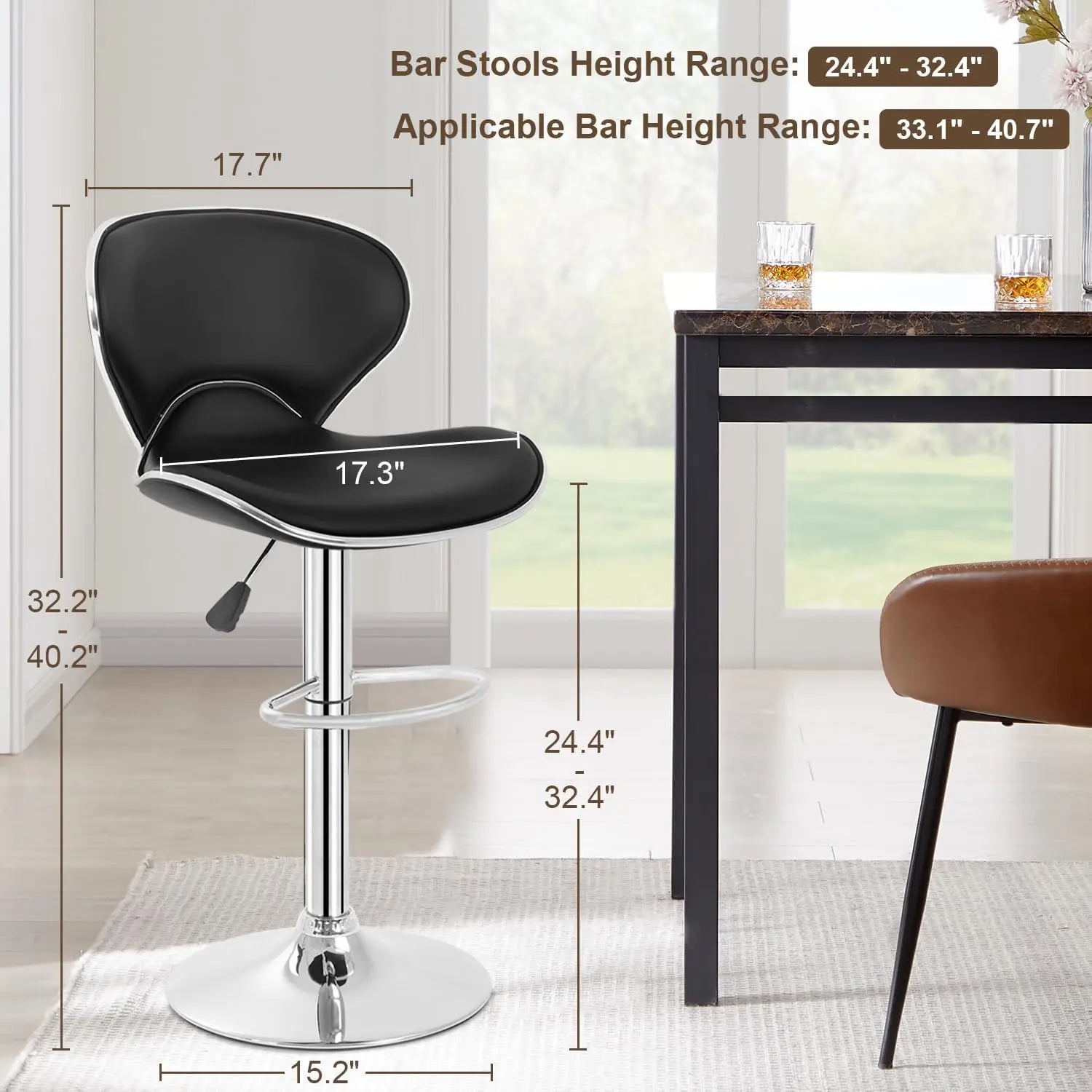 Bar Stools Set of 2, Counter Height Adjustable Bar Stools with Back Stool PU Leather Swivel Bar Stool Dining Chairs