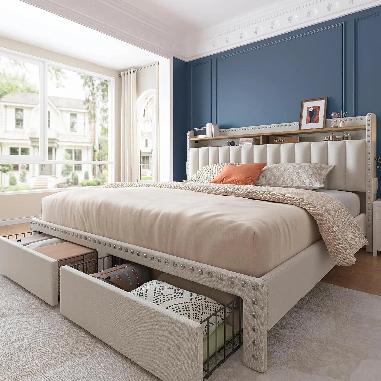 Bed Frame with Headboard and Storage, Upholstered Queen Bed Frame with Storage, Queen Size Bed Frame with 2 Drawers