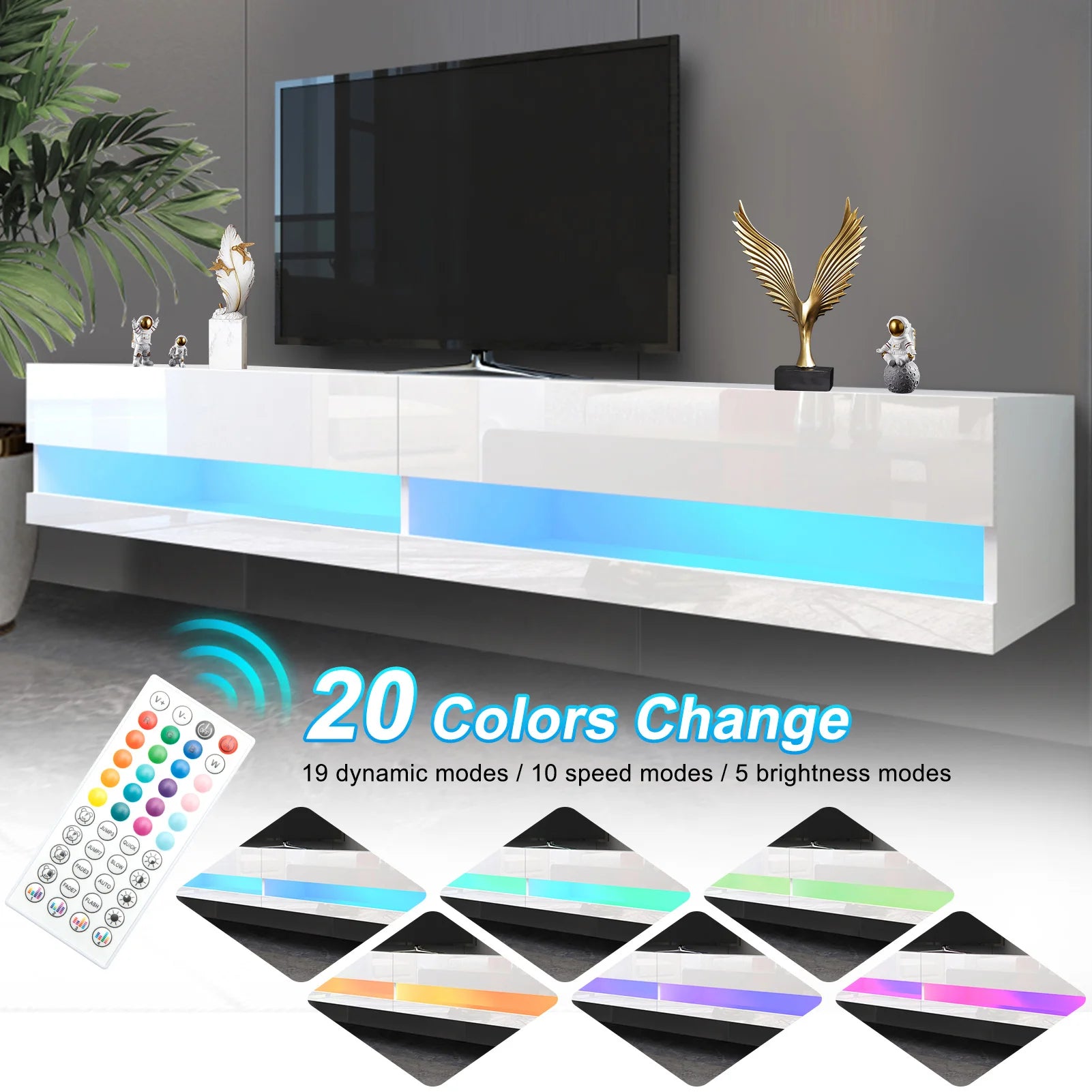 71" Floating TV Stand for 75/80" TV, Wall Mounted LED TV Stand w/Power Outlets, Modern High Gloss Media Console