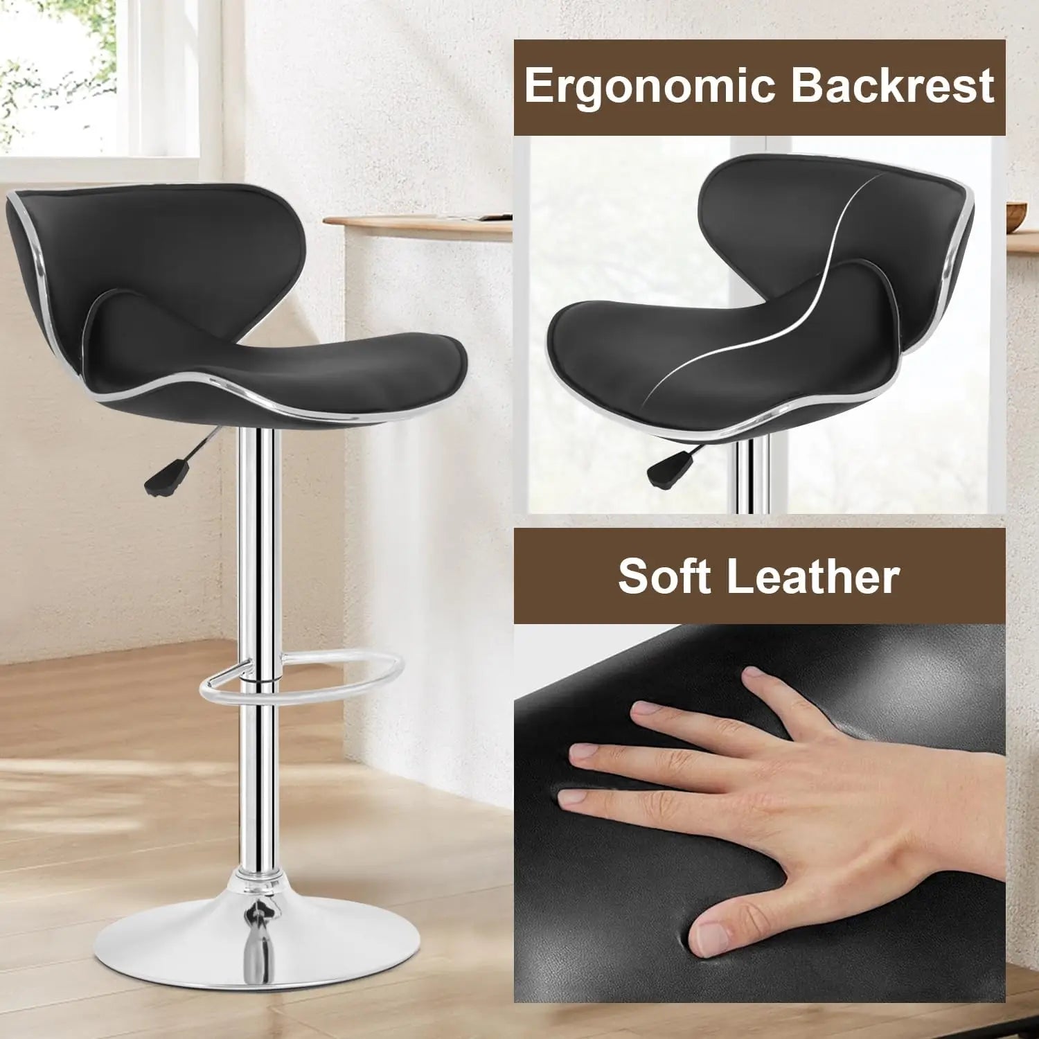 Bar Stools Set of 2, Counter Height Adjustable Bar Stools with Back Stool PU Leather Swivel Bar Stool Dining Chairs