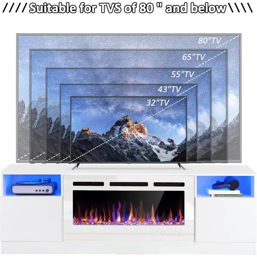 70" Fireplace TV Stand for TVs Up to 80" with 36Electric Fireplace, TV Console, LED Light Entertainment Center