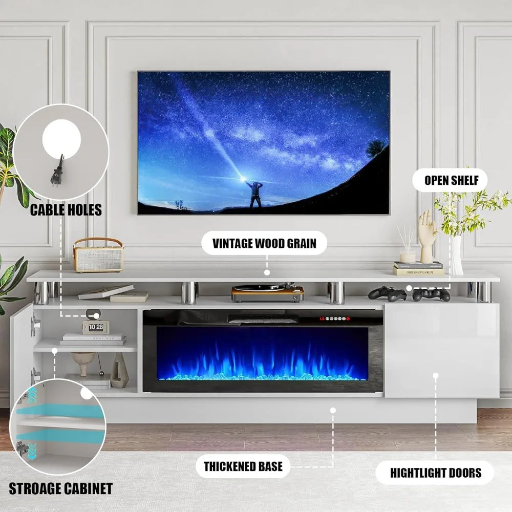 70" Modern Fireplace TV Stand with 36" Electric Fireplace for TVs Up to 80 inch, Luxury LED Light Entertainment Center