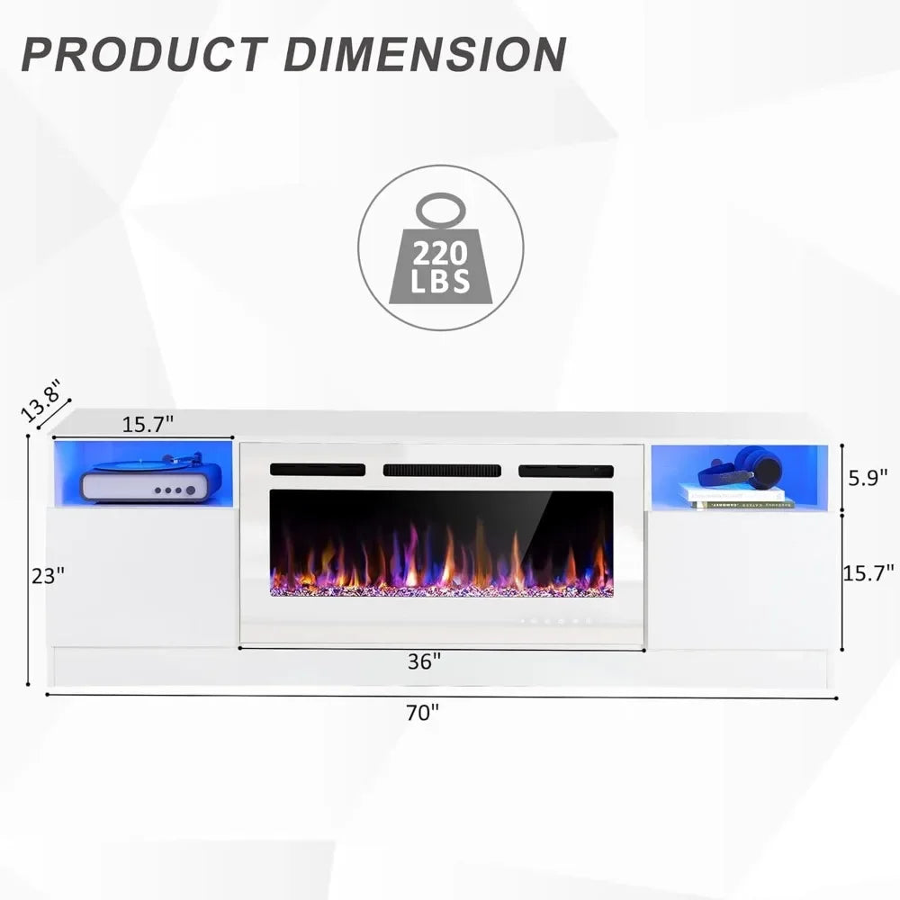 70" Fireplace TV Stand for TVs Up to 80" with 36Electric Fireplace, TV Console, LED Light Entertainment Center