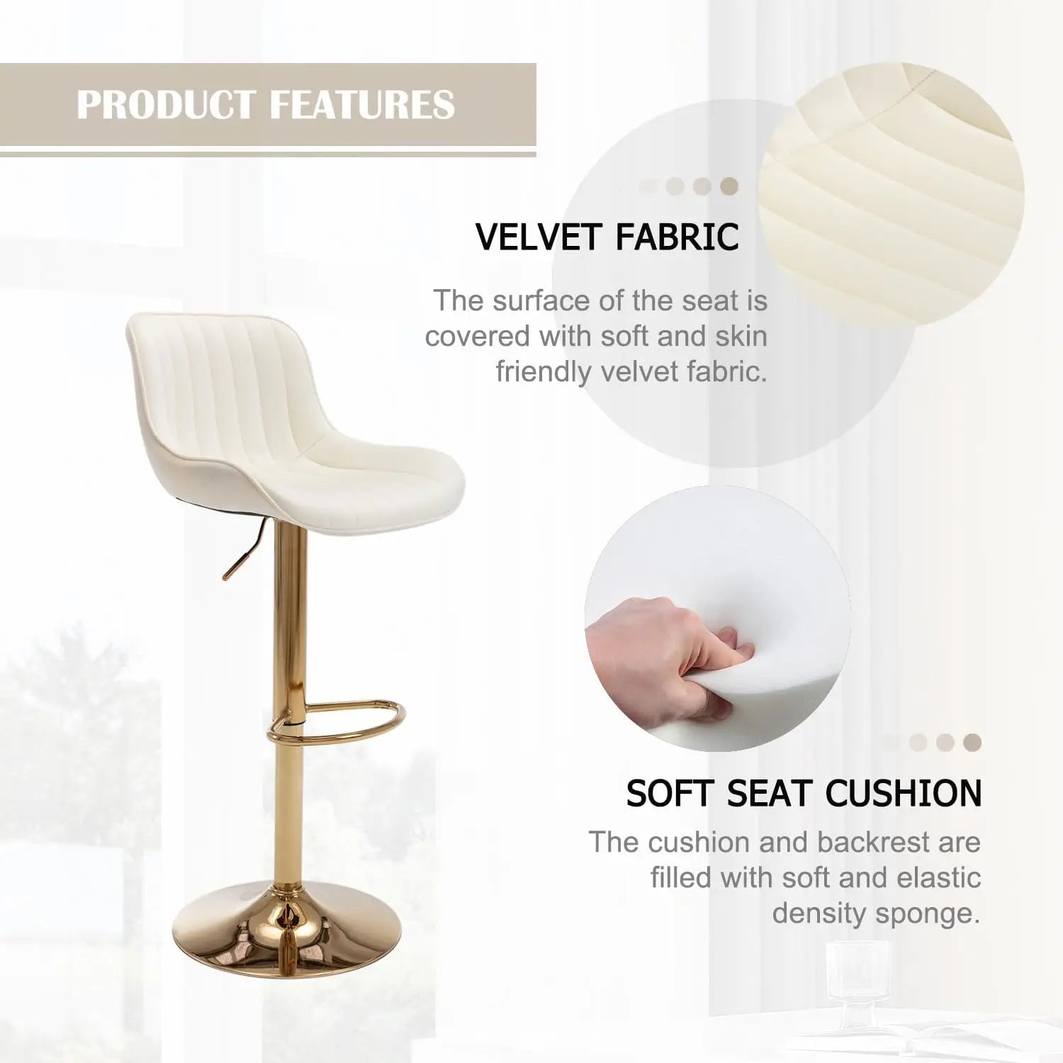 Adjustable Swivel Gold Bar Stools Set of 4, Counter Height with Backs, Modern Velvet Island Chairs for Kitchen Home Decor(Beige)