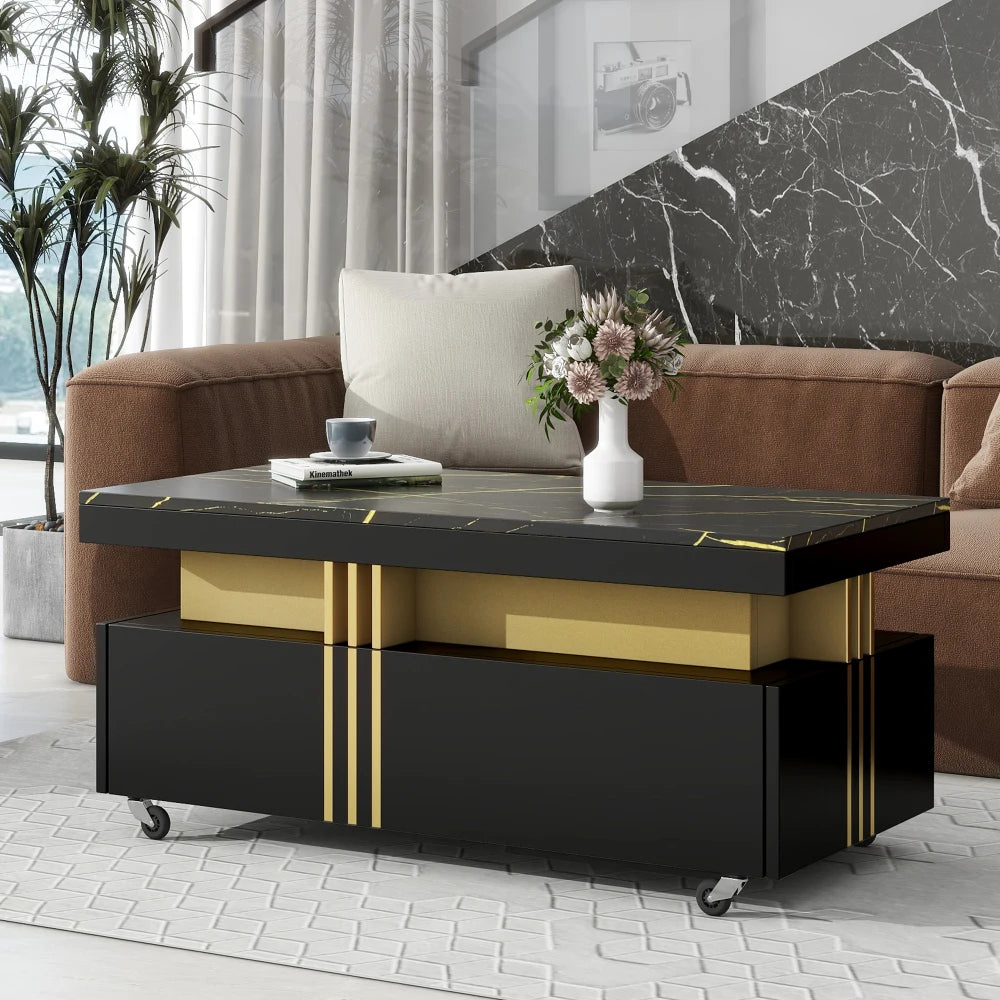 Contemporary Coffee Table with Faux Marble Top, Rectangle Cocktail Table with Caster Wheels, Moderate