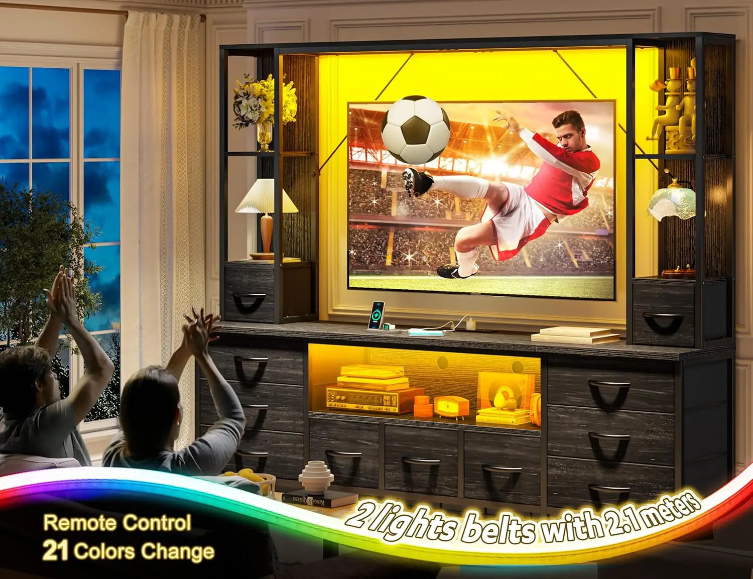 65" TV Stands for Living Room, Large Wall Unit Entertainment Center with 11 Fabric Drawer