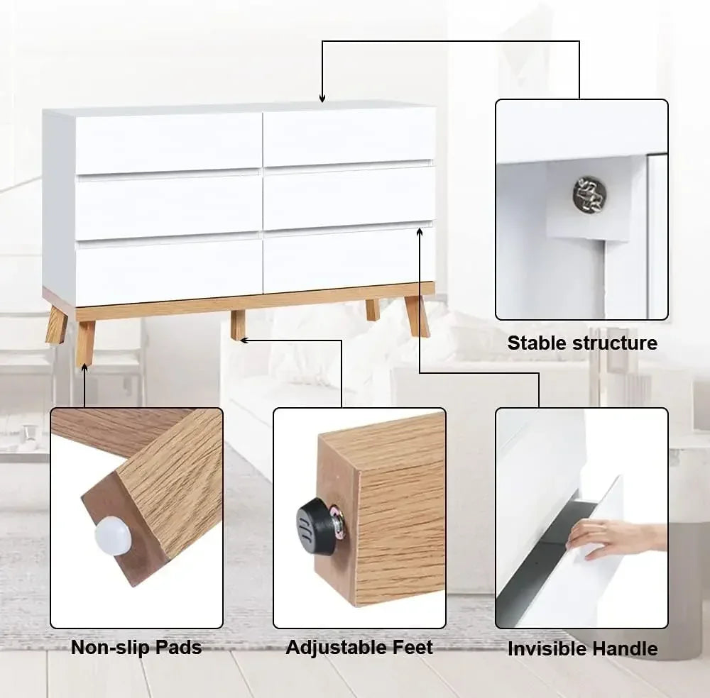 Dresser for Bedroom 6 Drawer Double Dresser Chest of Drawers Large Storage Cabinet Wooden Dresser for Bedroom (White)