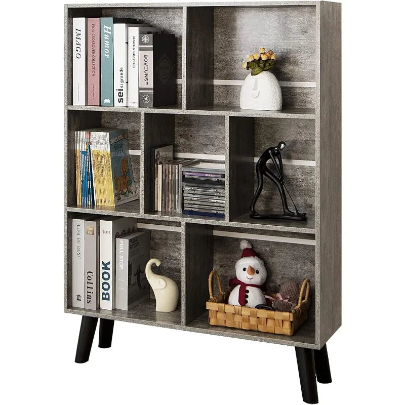 Wooden 7 Cube Book Shelf, Natural 3 Tier Bookshelf with Legs, Modern Open Storage Organizer,Boho Bookcase,Display Cabinet Shelf