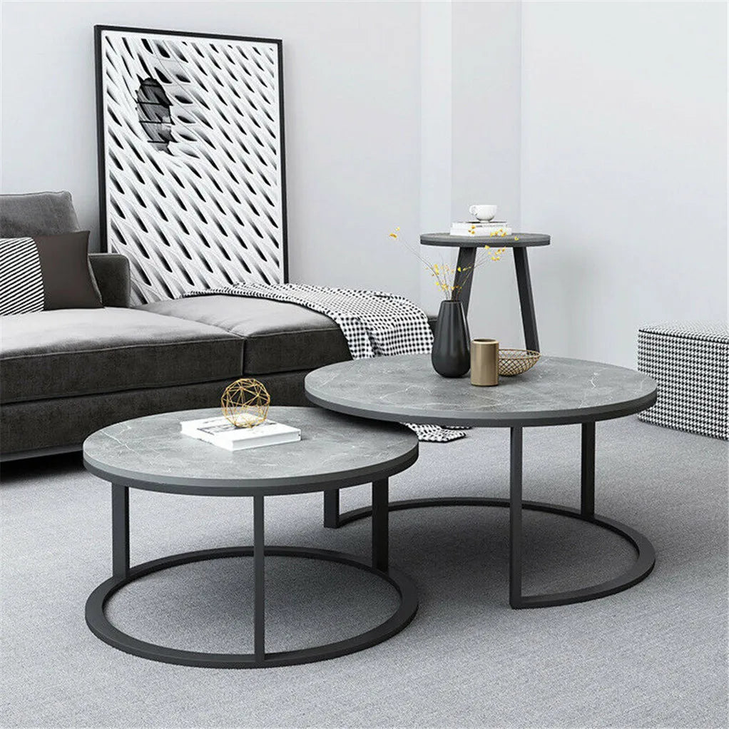 Set of 2 Real Marble Round Nesting Coffee Table Grey Side End Table Accent Table Metal Legs Waterproof