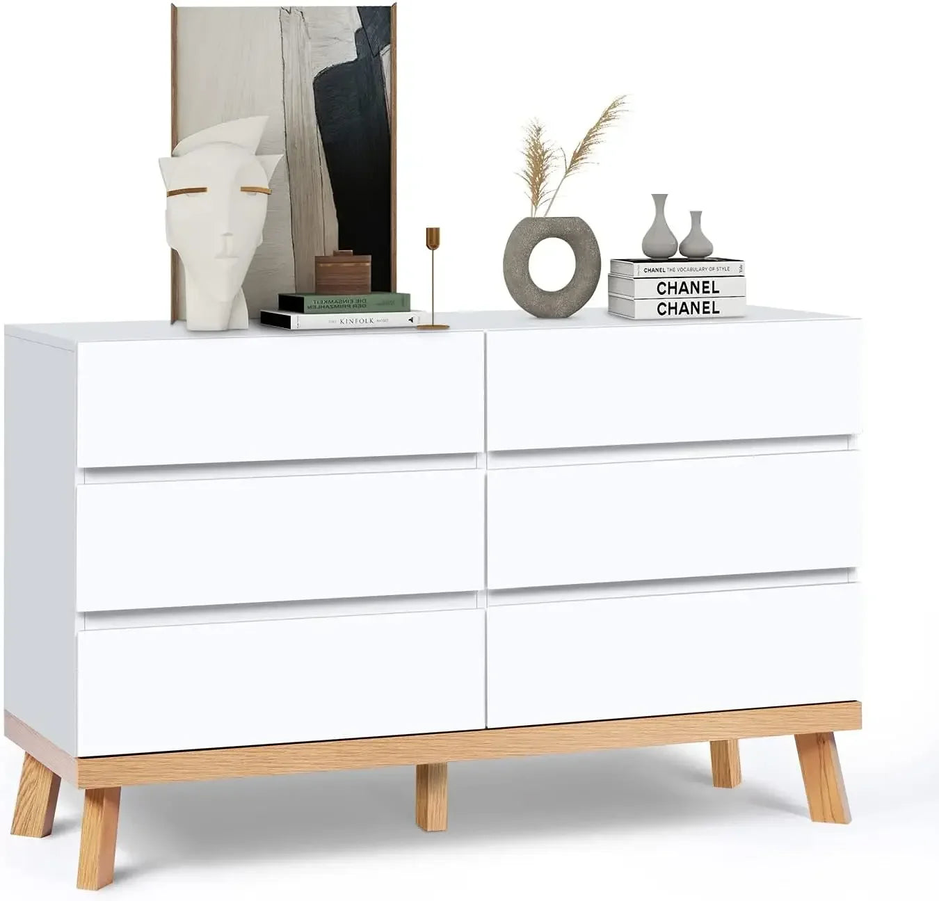 Dresser for Bedroom 6 Drawer Double Dresser Chest of Drawers Large Storage Cabinet Wooden Dresser for Bedroom (White)