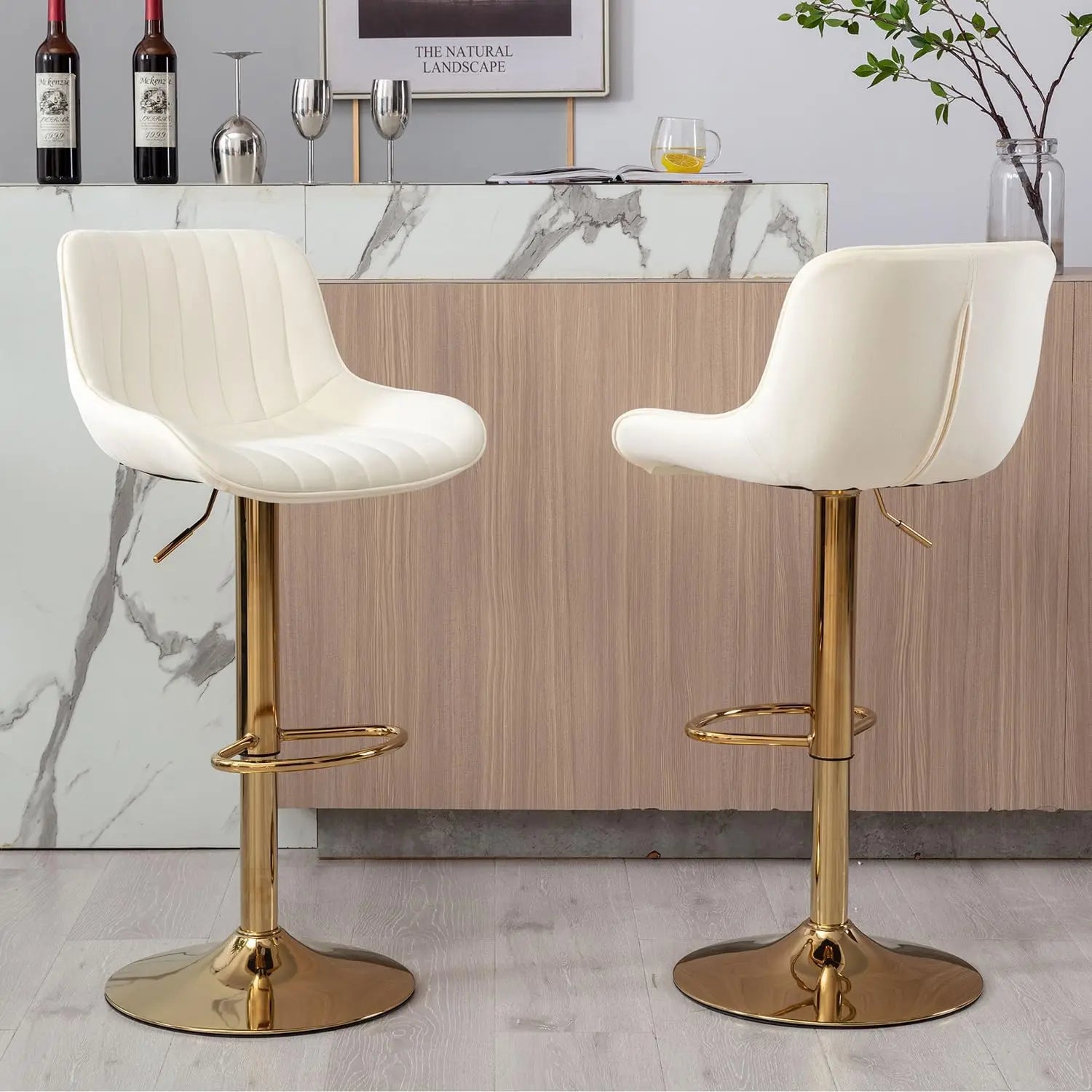 Adjustable Swivel Gold Bar Stools Set of 4, Counter Height with Backs, Modern Velvet Island Chairs for Kitchen Home Decor(Beige)