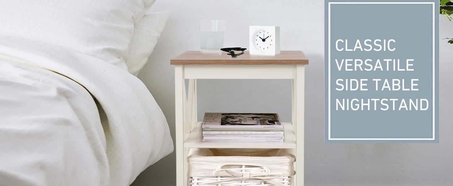 End Table Living Room Set of 2 - Farmhouse Bedside Table Nightstands for Bedroom, Ivory White Small Side Table