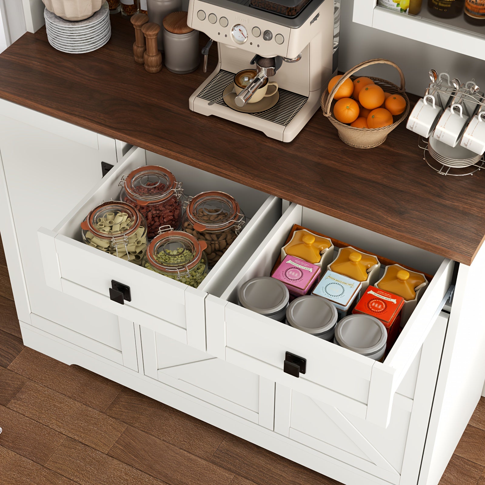 Kitchen Pantry Cabinet, Kitchen Storage Cabinet with 2 Drawer And Door, Tall Kitchen Hutch Cabinet with Microwave Stand