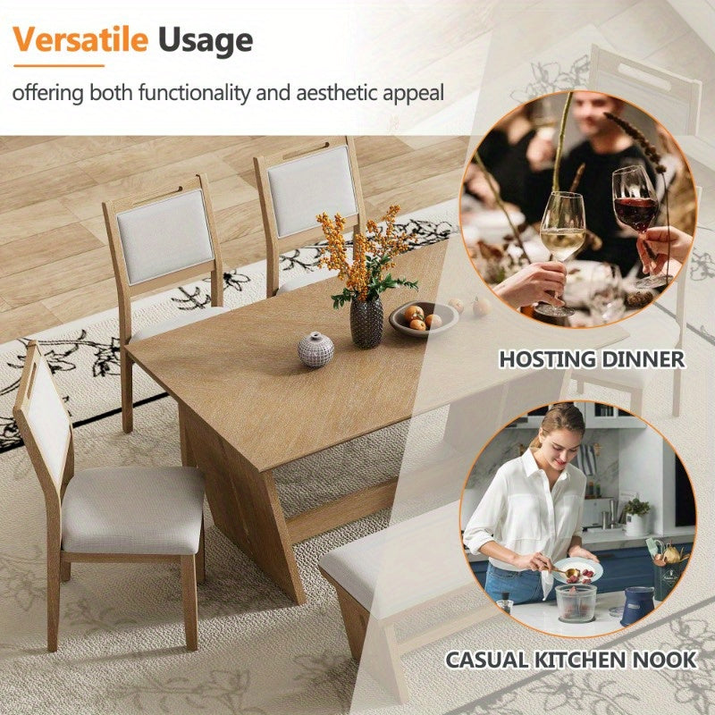 6pcs Retro Dining Set for 6, 60" Kitchen Table with 4 Chairs and Bench, Trestle Base Design for Dining Room, Natural Wash Finish, Durable and Stylish.
