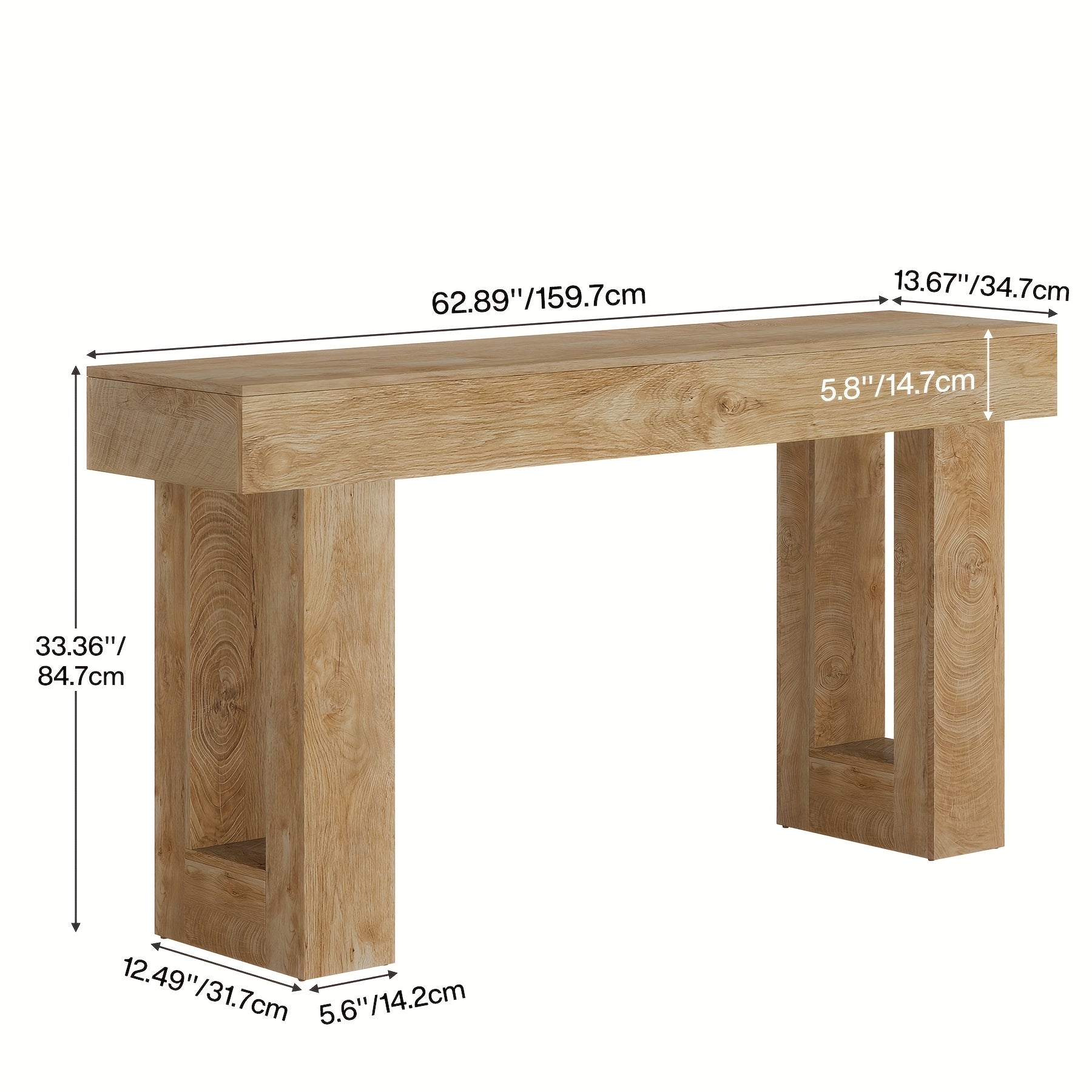 63-Inch Solid Hardwood Console Table - Contemporary Farmhouse Sofa Table with Engineered Wood Top, Space-Saving