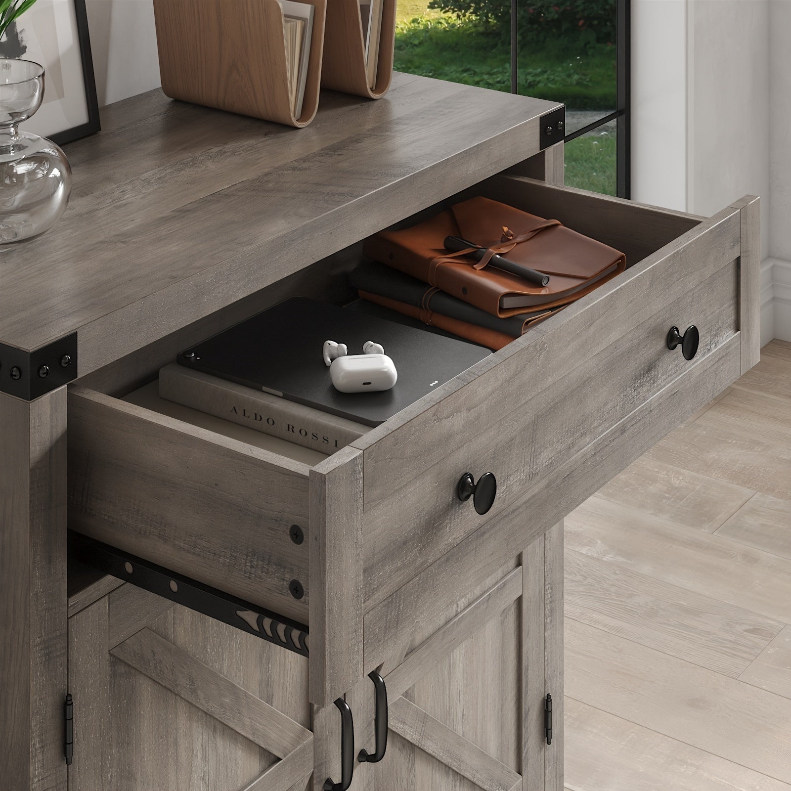 Double-Door Storage Cabinet with Drawer, Modern Farmhouse Buffet Sideboard