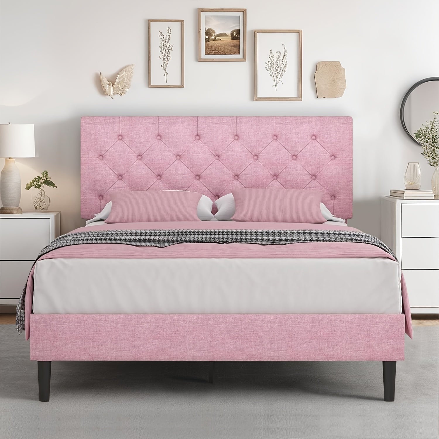 Twin/Full/Queen/King Size Bed Frame With Headboard, Linen Fabric Upholstered Bed Frame With Wood Slats(mattress Not Included), Wood Slats For Easy Assembly, Button Tufted