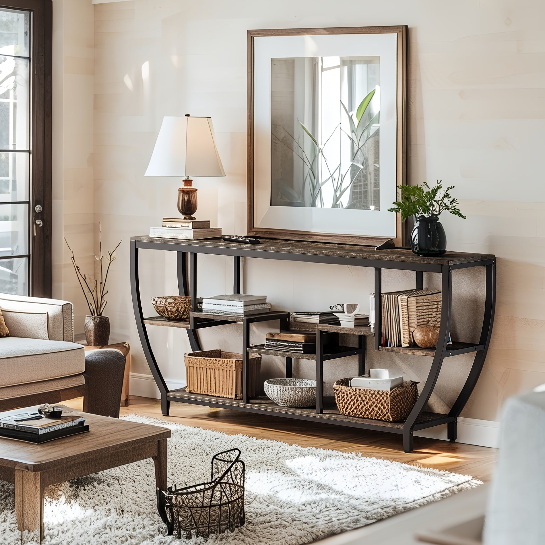 Industrial Console Table - 3-Tier Narrow Sofa Table with Open Shelves