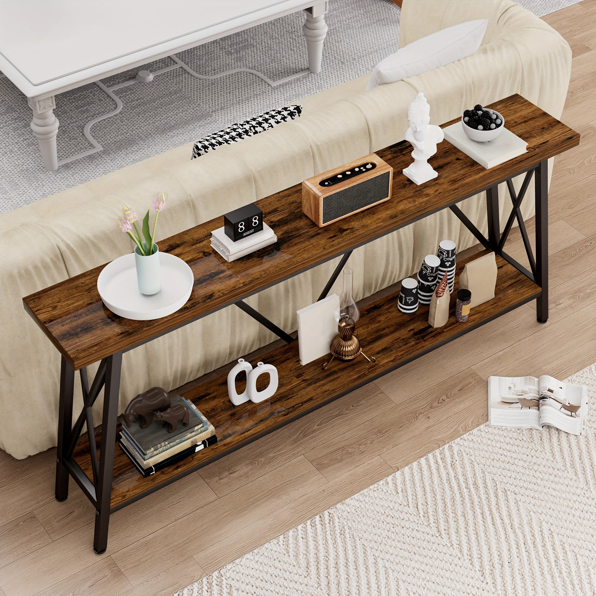 70.9 Inch Extra Long Sofa Table, Console Behind Sofa, Entryway Table With 2 Tier Storage Shelves, Rustic Gray And Black, 70.9"L X 11.8"W X 32"H
