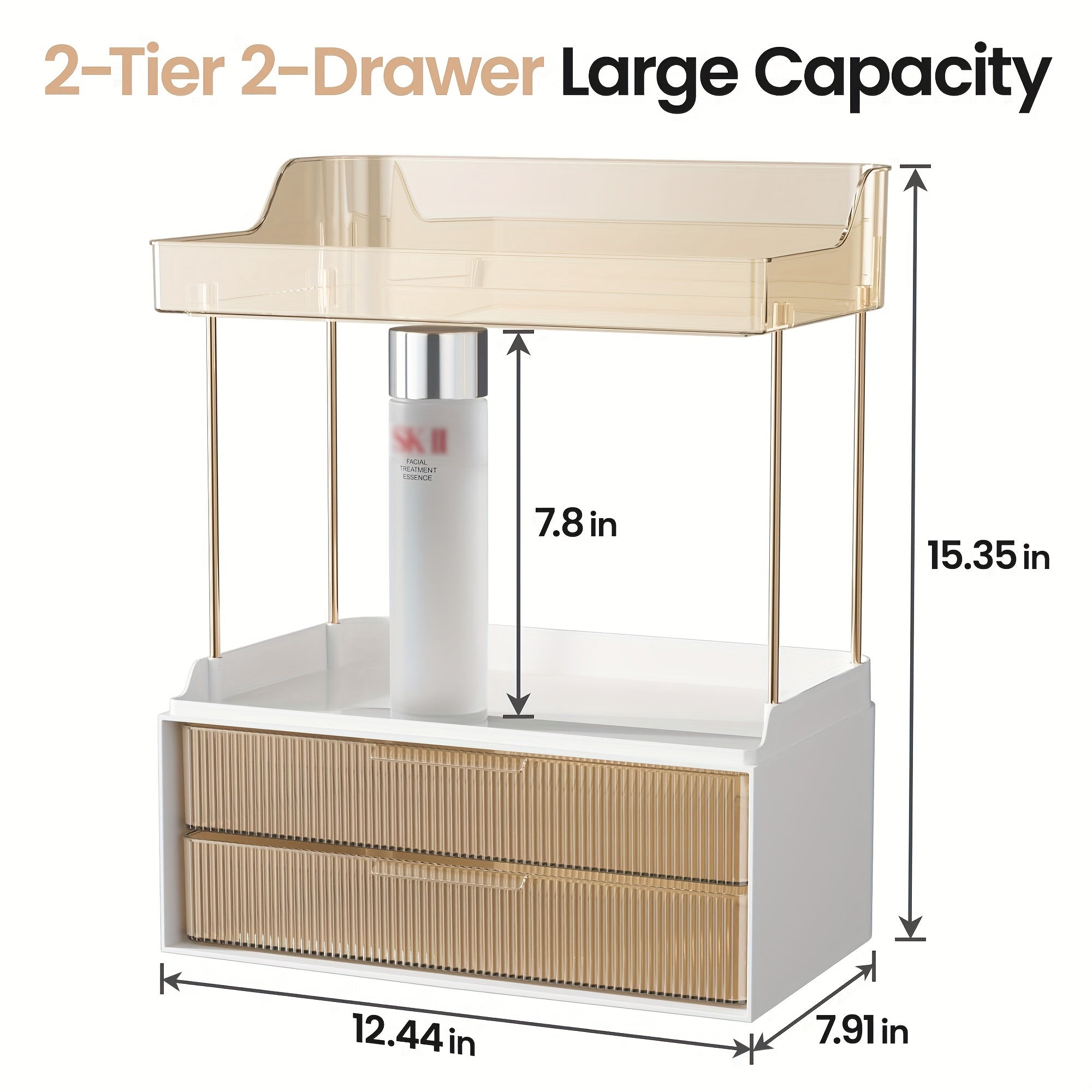 2-Tier Delamu Bathroom Organizer - Multi-Purpose Makeup & Skincare Storage, Large Countertop Vanity with 2 Drawers