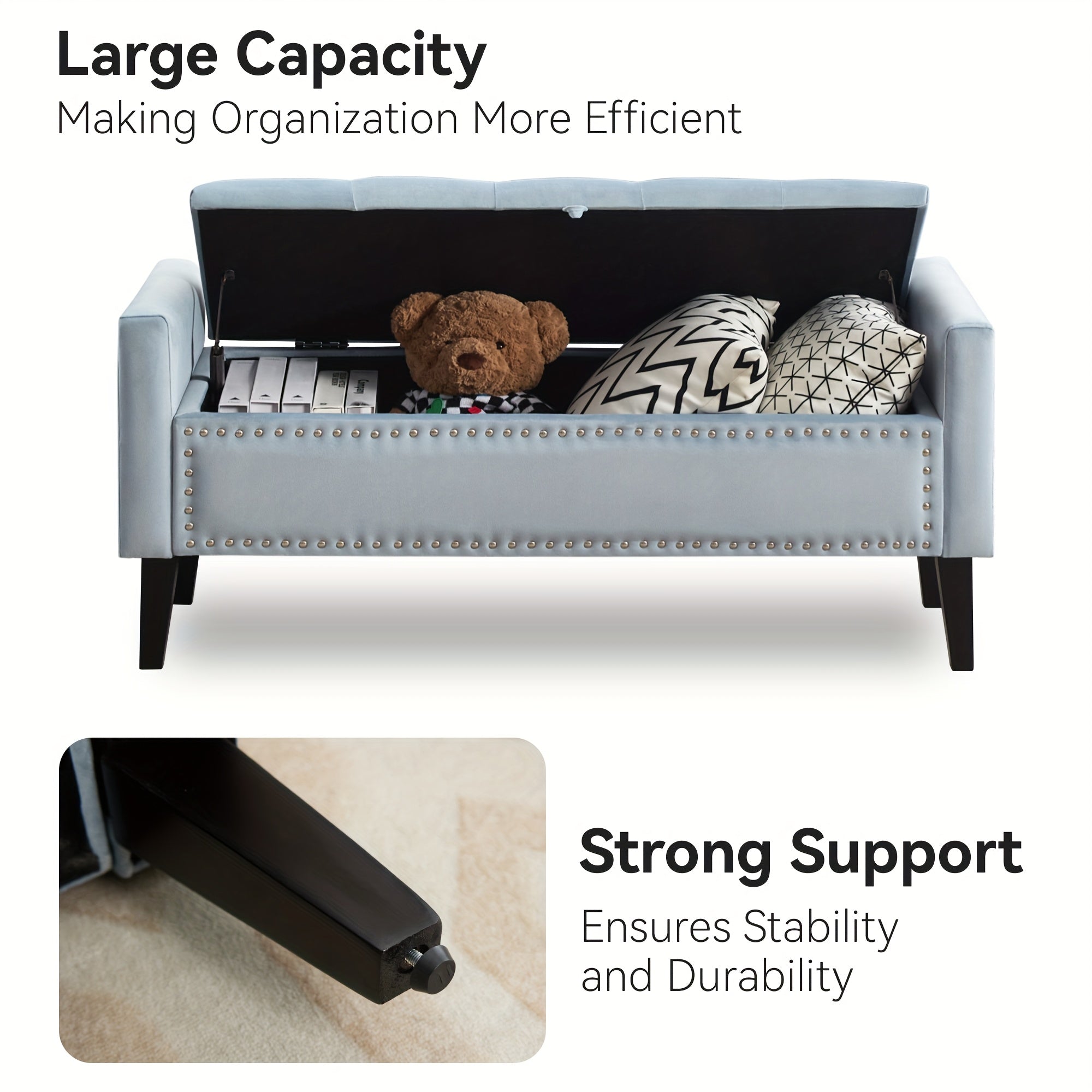 47" Velvet Storage Bench, Upholstered Bed Bench With Storage, End Of Bed Ottoman With Wooden Legs