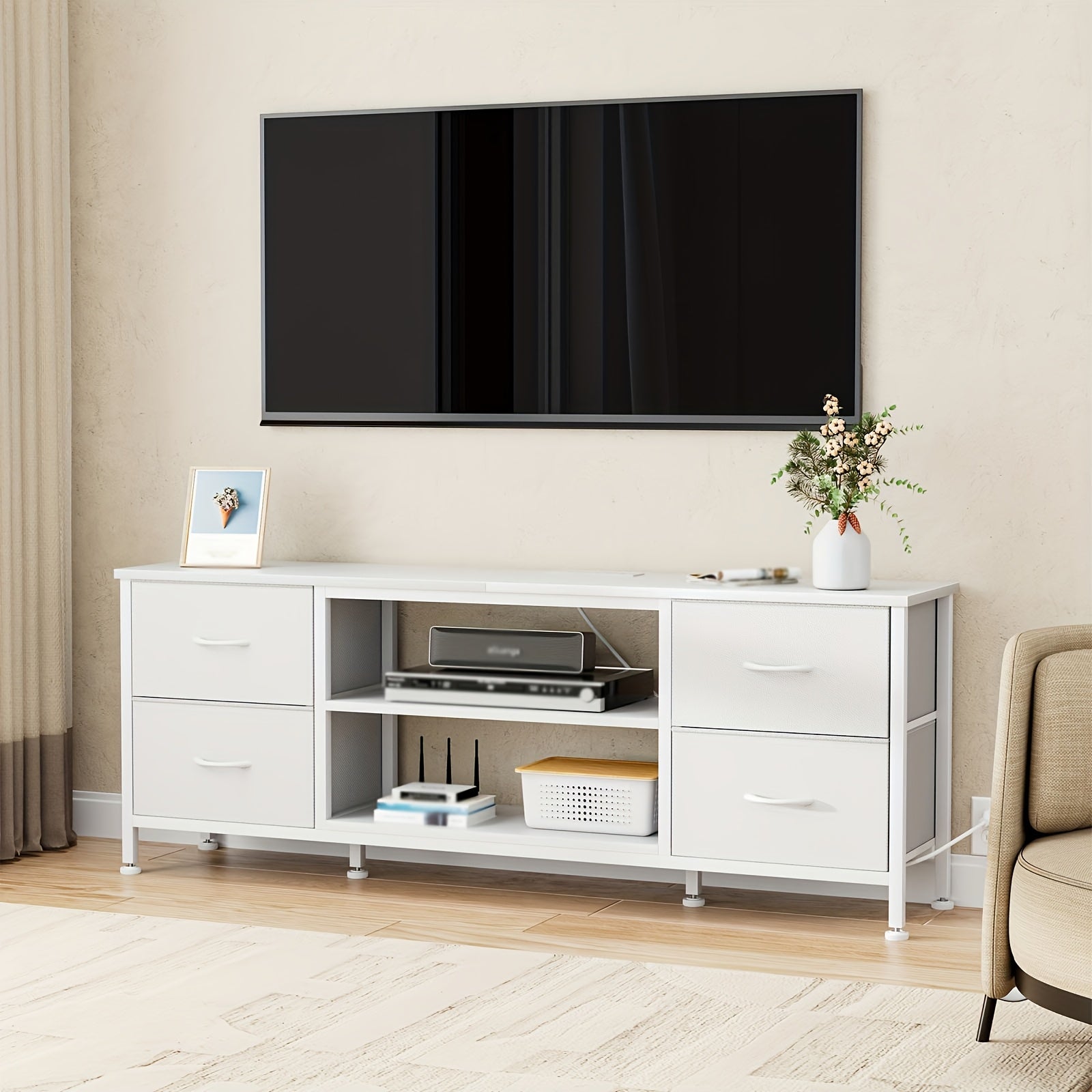 TV Stand, Entertainment Center Power Outlet with Fabric Drawers, Media Console Table with Metal Frame And Wood Top for TV Up to 60 Inch