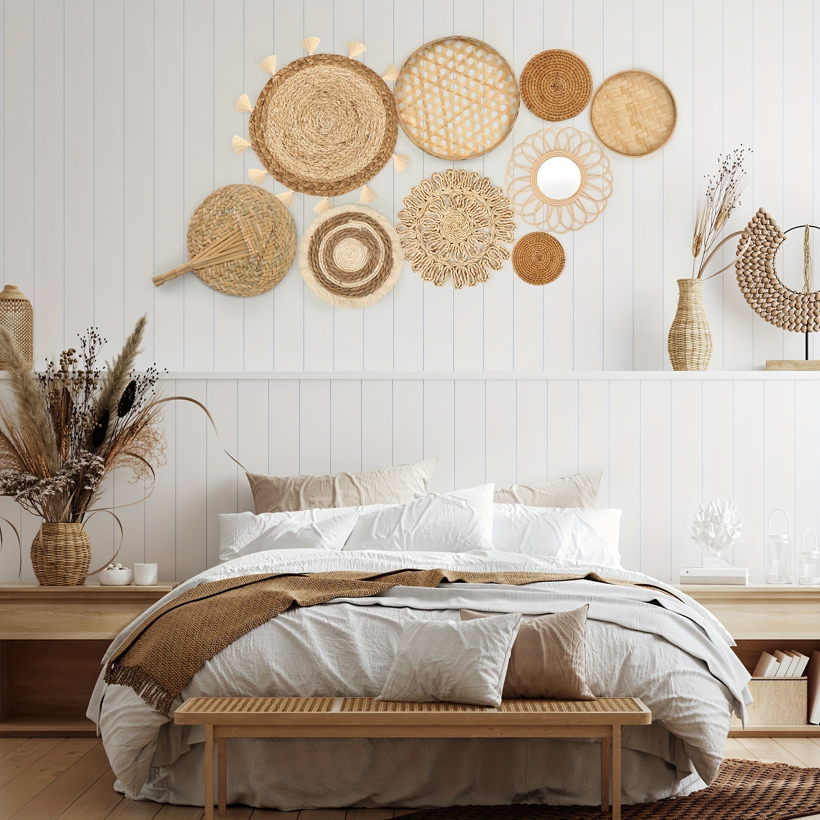 9-piece Set Wall Hanging Basket Decoration Bohemian Style Wall Hanging Decoration Rattan Wall Decoration Flat Round Wicker Mirror Woven Lace Fringe Tapestry