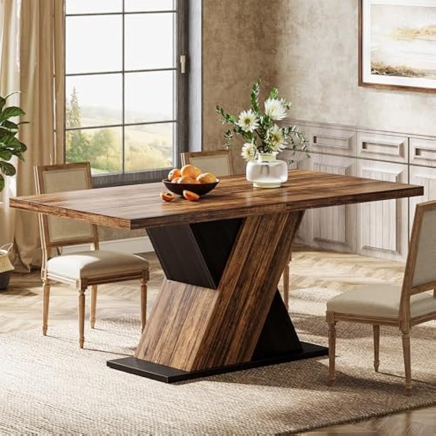 55-Inch Rectangle Wood Dining Table - Farmhouse Dining Table for 4-6 People - Dinner Table for Dining Room