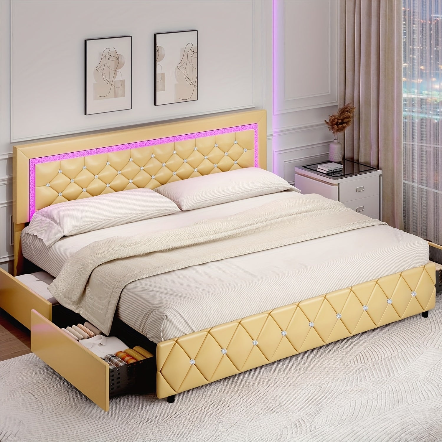 Twin Full Queen King Size Bed Frames With LED Lights And Storage Drawers, Upholstered Platform Bed With Diamond Headboard, Princess Platform Bed,