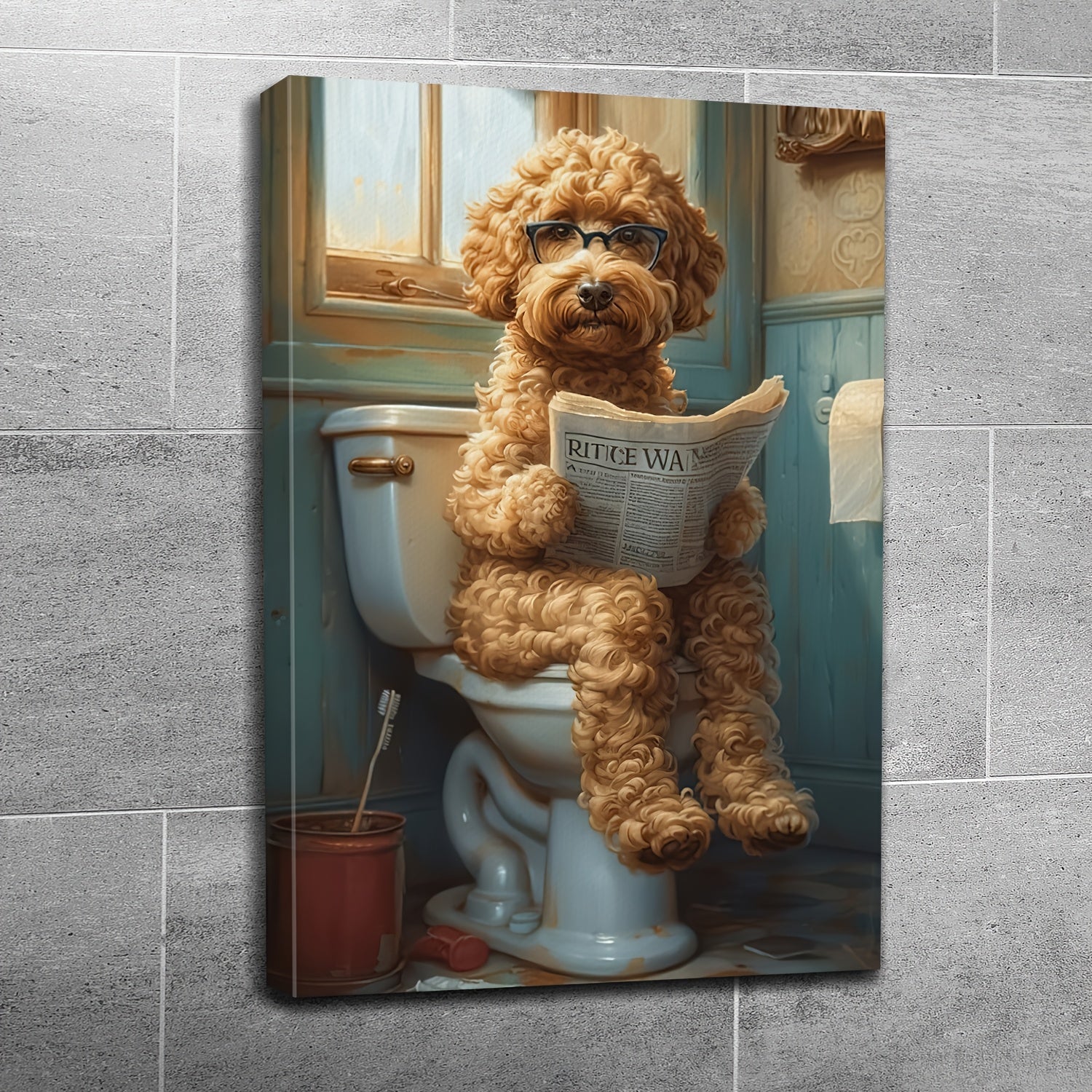 Whimsy Quirky Canvas Wall Art - Wood Frame Print, Humorous Dog on Toilet Reading Newspaper