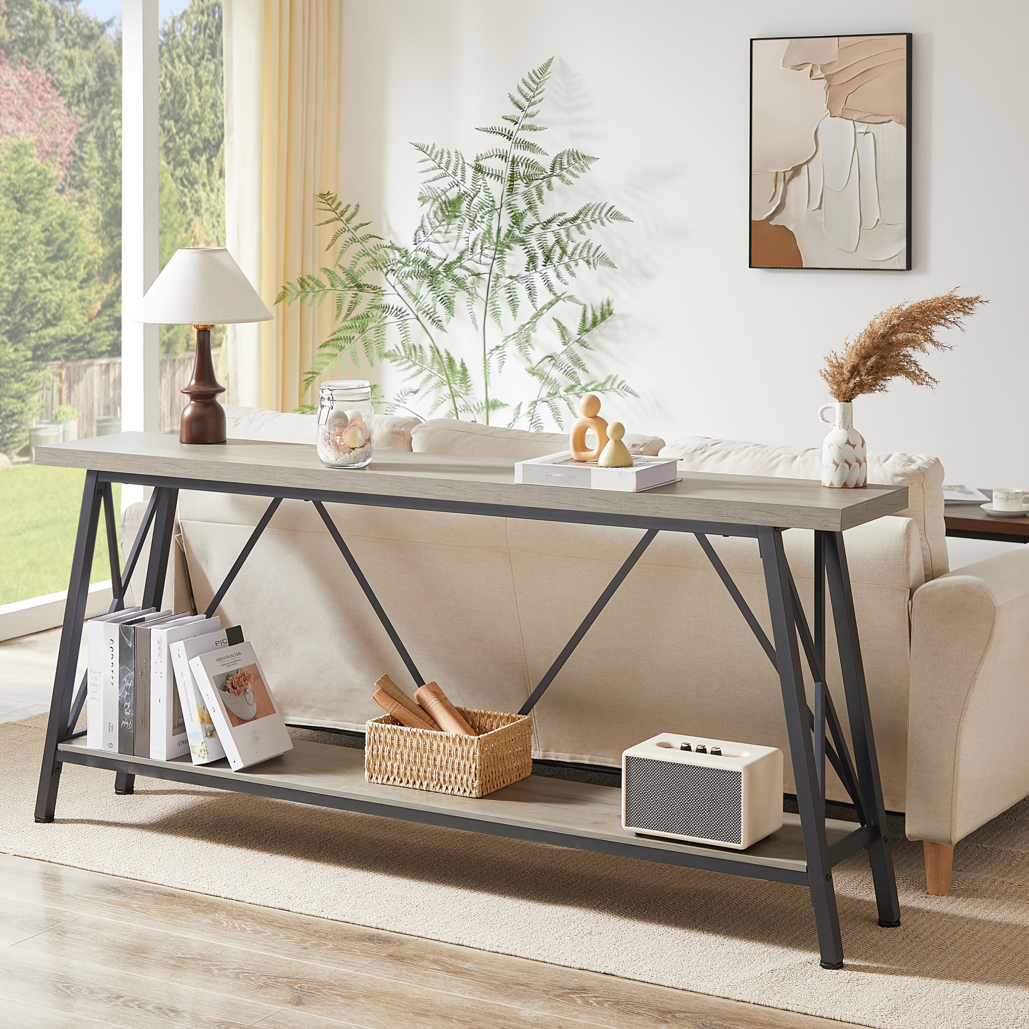 70.9 Inch Extra Long Sofa Table, Console Behind Sofa, Entryway Table With 2 Tier Storage Shelves, Rustic Gray And Black, 70.9"L X 11.8"W X 32"H