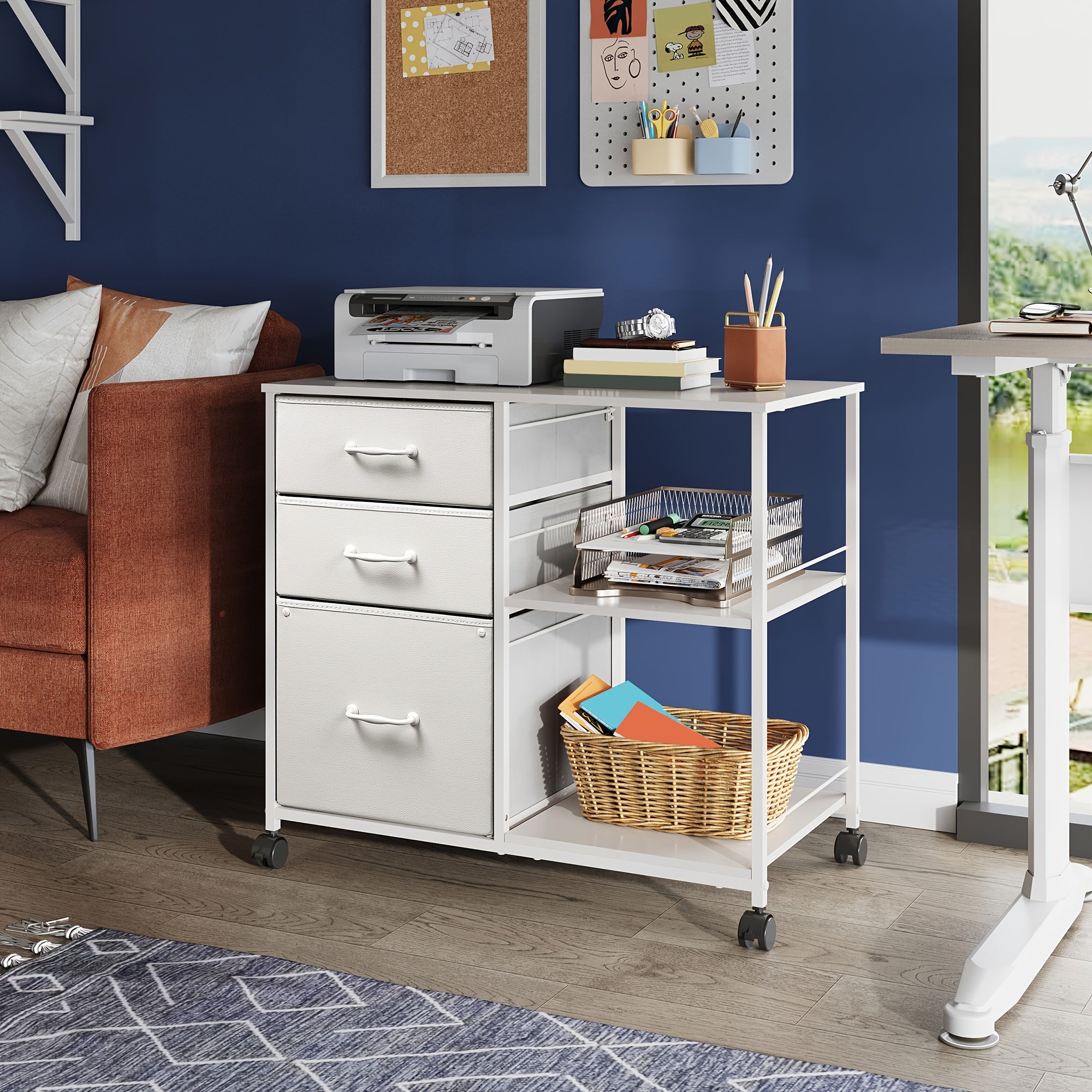 3 Drawer Mobile File Cabinet, Rolling Printer Stand with Open Storage Shelf, Fabric Lateral Filing Cabinet Fits A4 Or Letter Size for Home Office