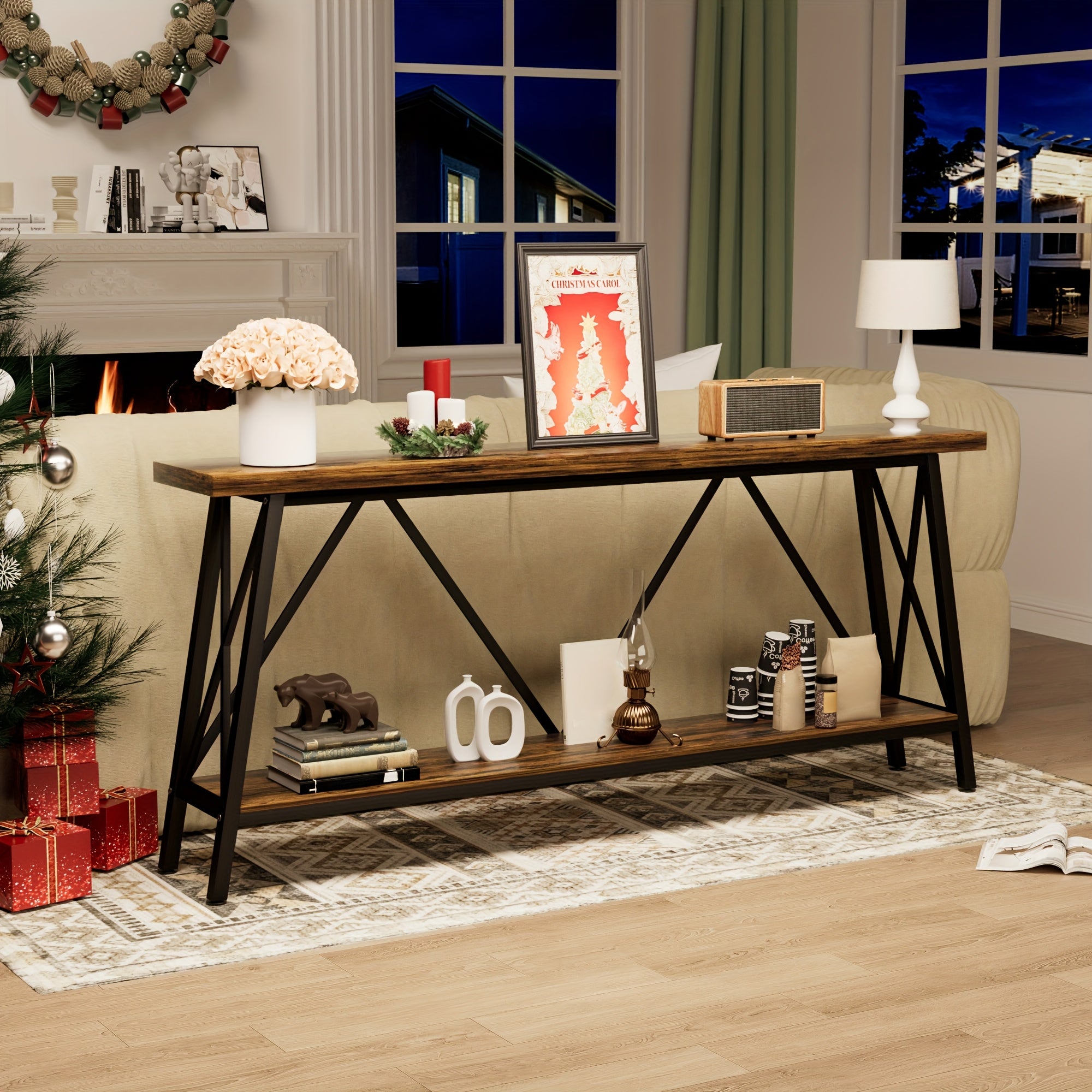 70.9 Inch Extra Long Sofa Table, Console Behind Sofa, Entryway Table With 2 Tier Storage Shelves, Rustic Gray And Black, 70.9"L X 11.8"W X 32"H