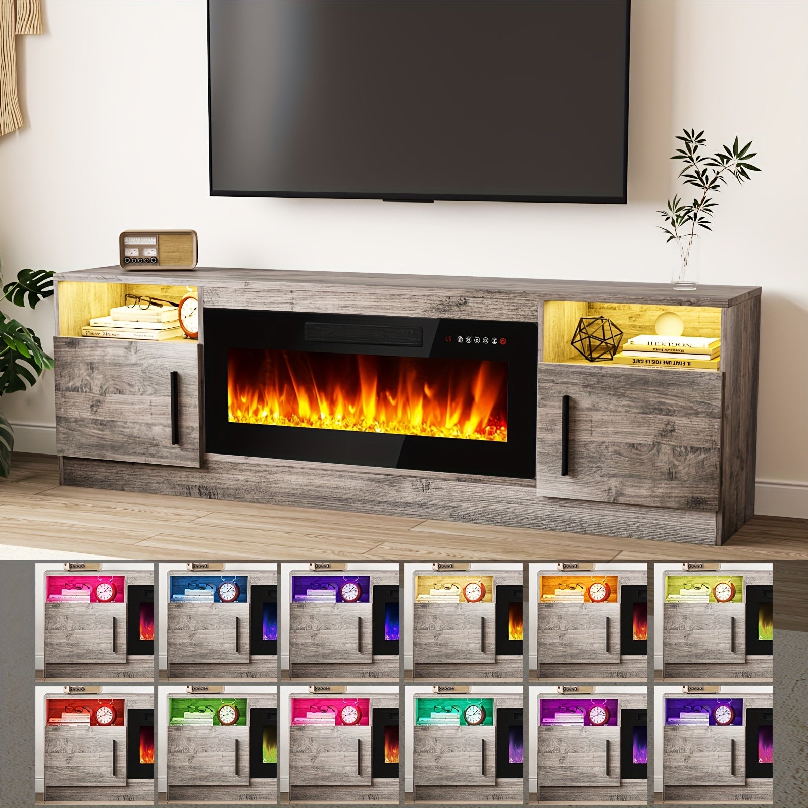 70" Modern Wooden TV Stand for TVs Up to 80" - Electric Fireplace Entertainment Center with 36" High Gloss Media Console, 16-Color LED Lights, Storage Cabinet & US Plug (120V)
